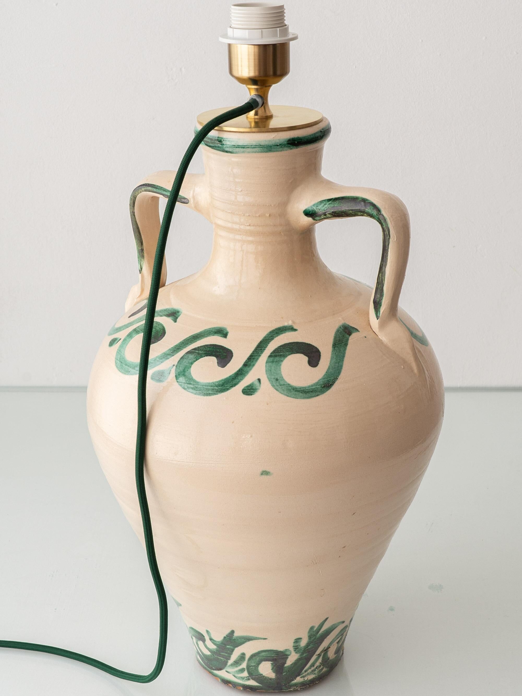 Spanish Revival Ceramic Table Lamp from Granada, New Green Silk Shade