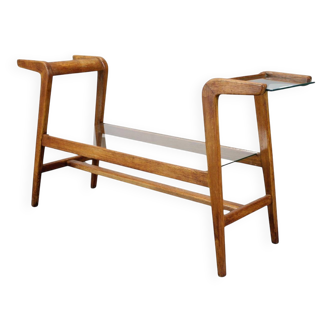 ULUV Mid-century wooden plant stand with glass shelf, Czechoslovakia, 1960s