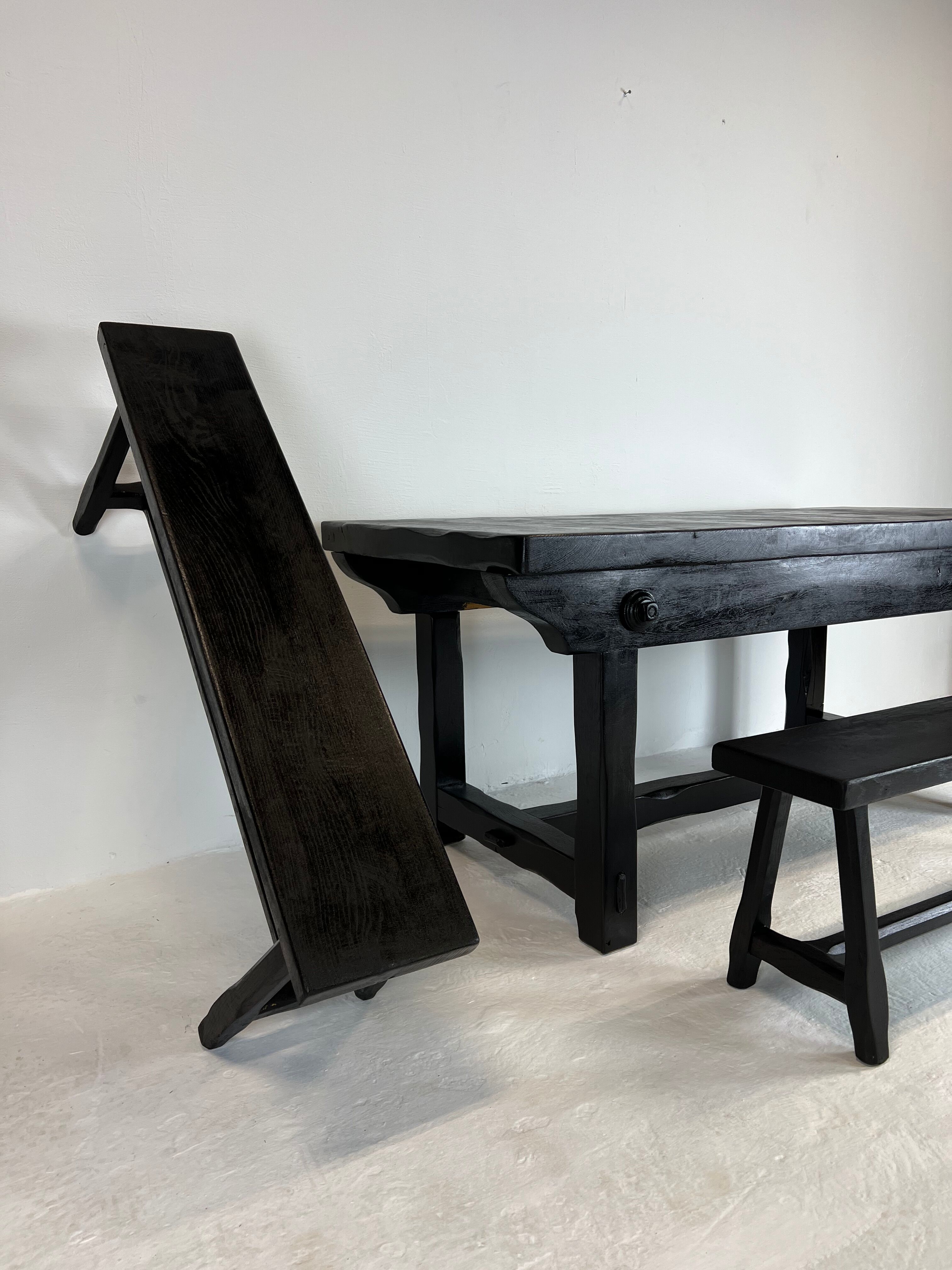 Brutalist elm table Wabi-sabi spirit and its 2 benches
