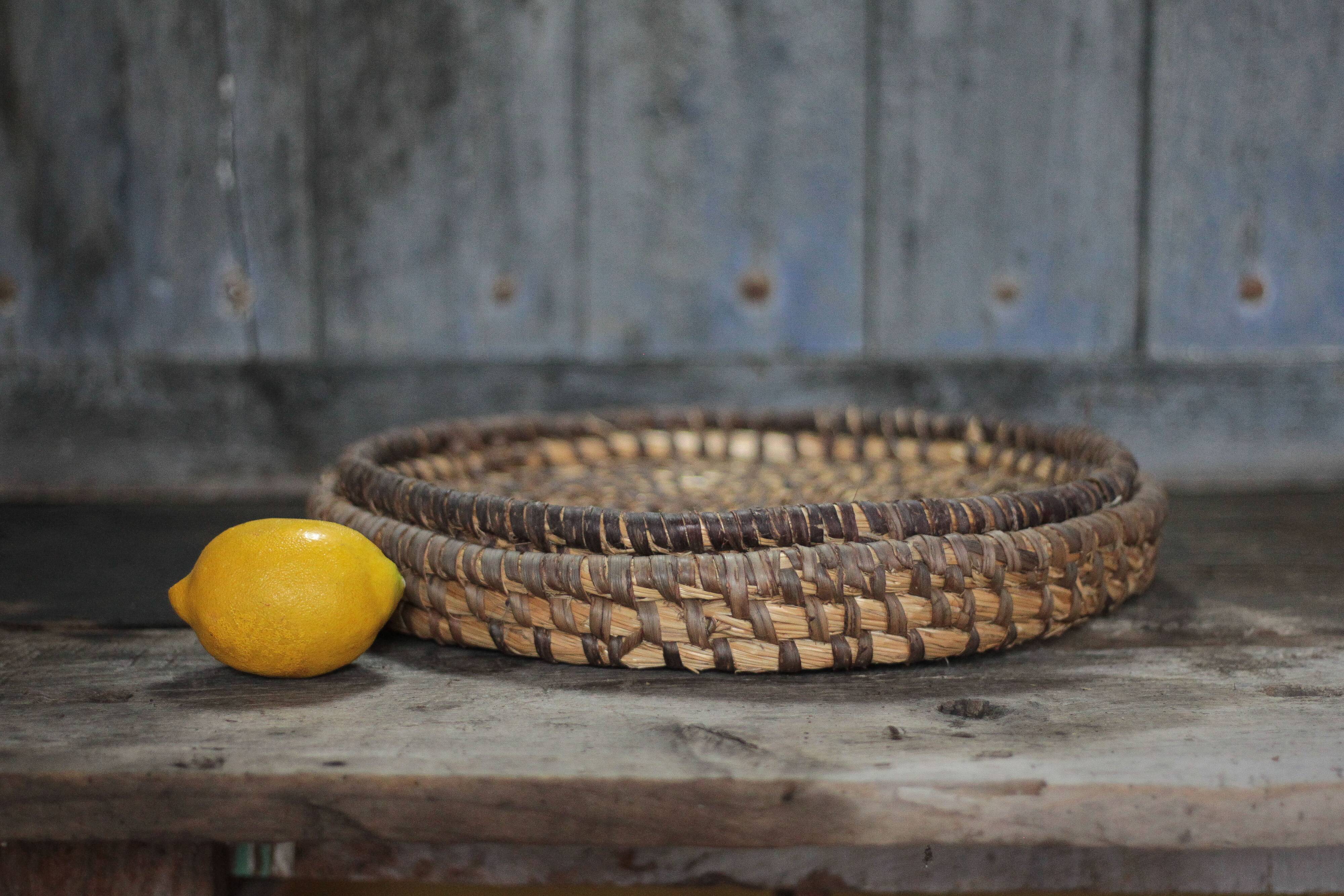 pair of old wicker trays, straw bourgne and bramble, woven bowl