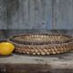 pair of old wicker trays, straw bourgne and bramble, woven bowl