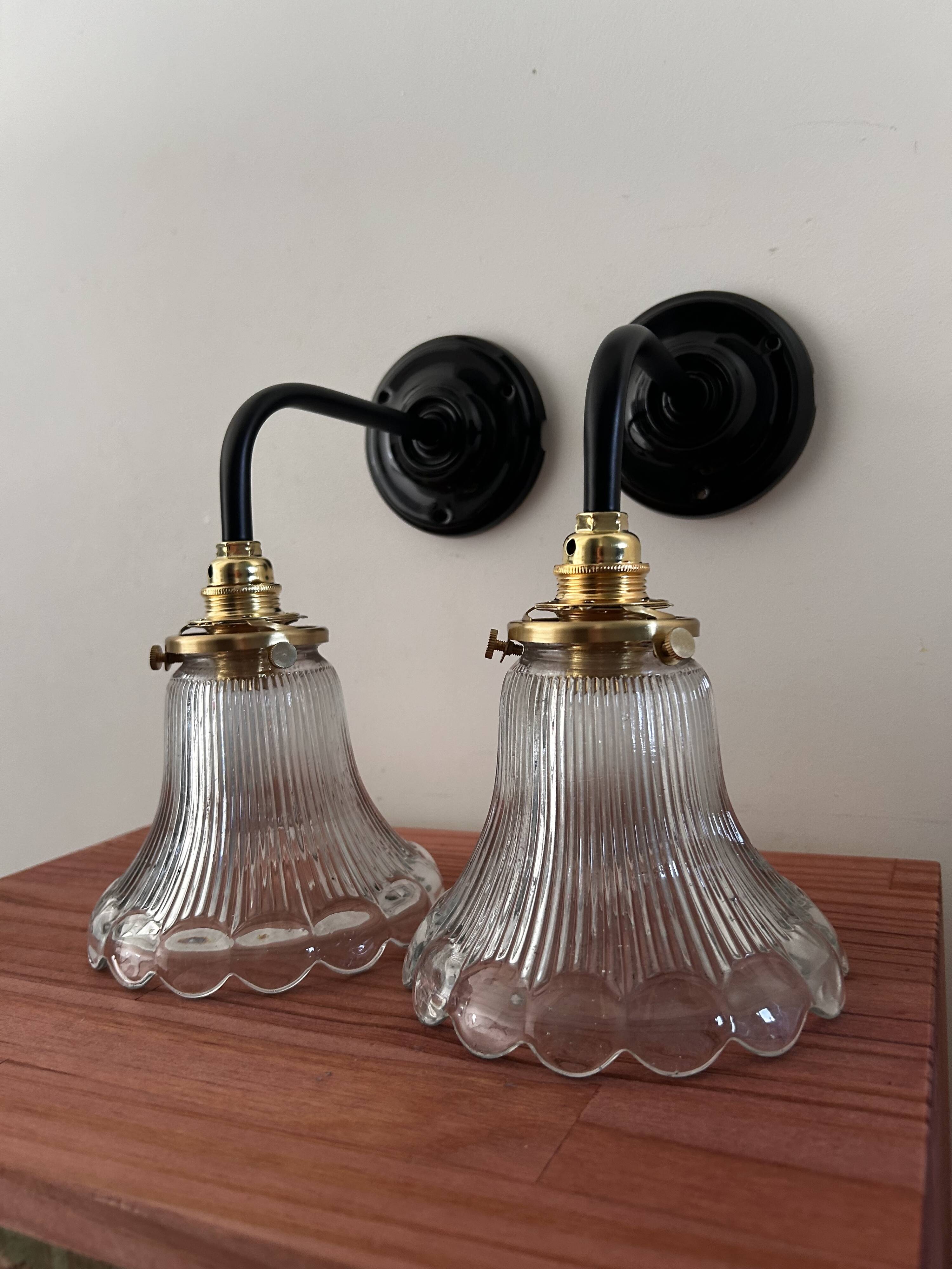 Pair of holophane glass wall lights