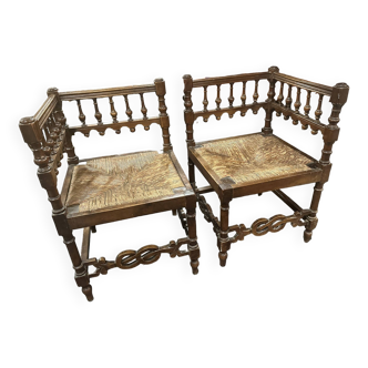 Pair of square straw chairs
