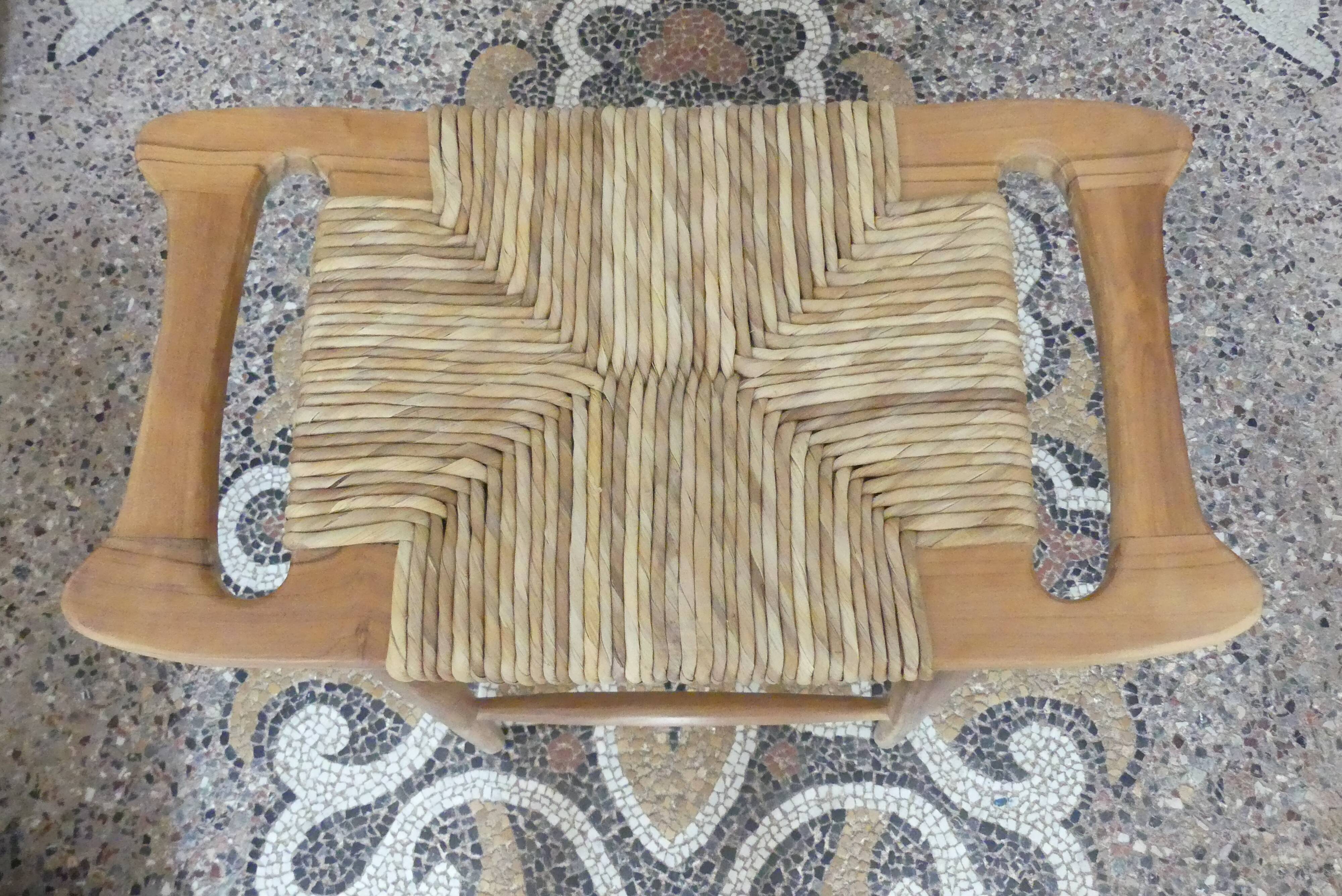 Tabouret de bar en teck et raphia