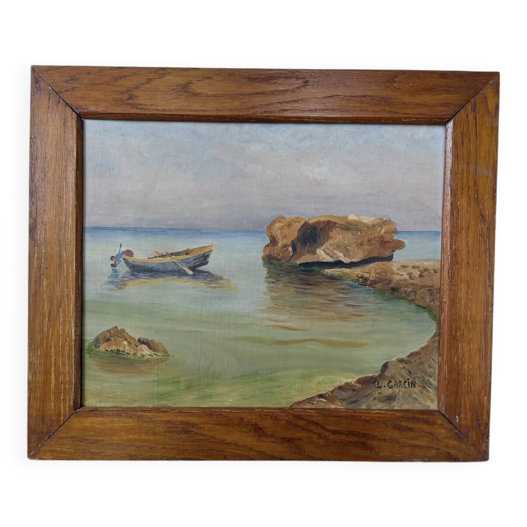 Framed oil painting fisherman L. Garcin