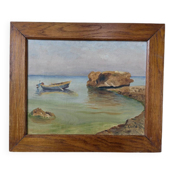Peinture à l’huile encadrée pêcheur L.Garcin