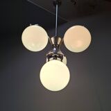 1930s Czech Art Deco Blue Opaline Glass and Chrome Four-Light Chandelier