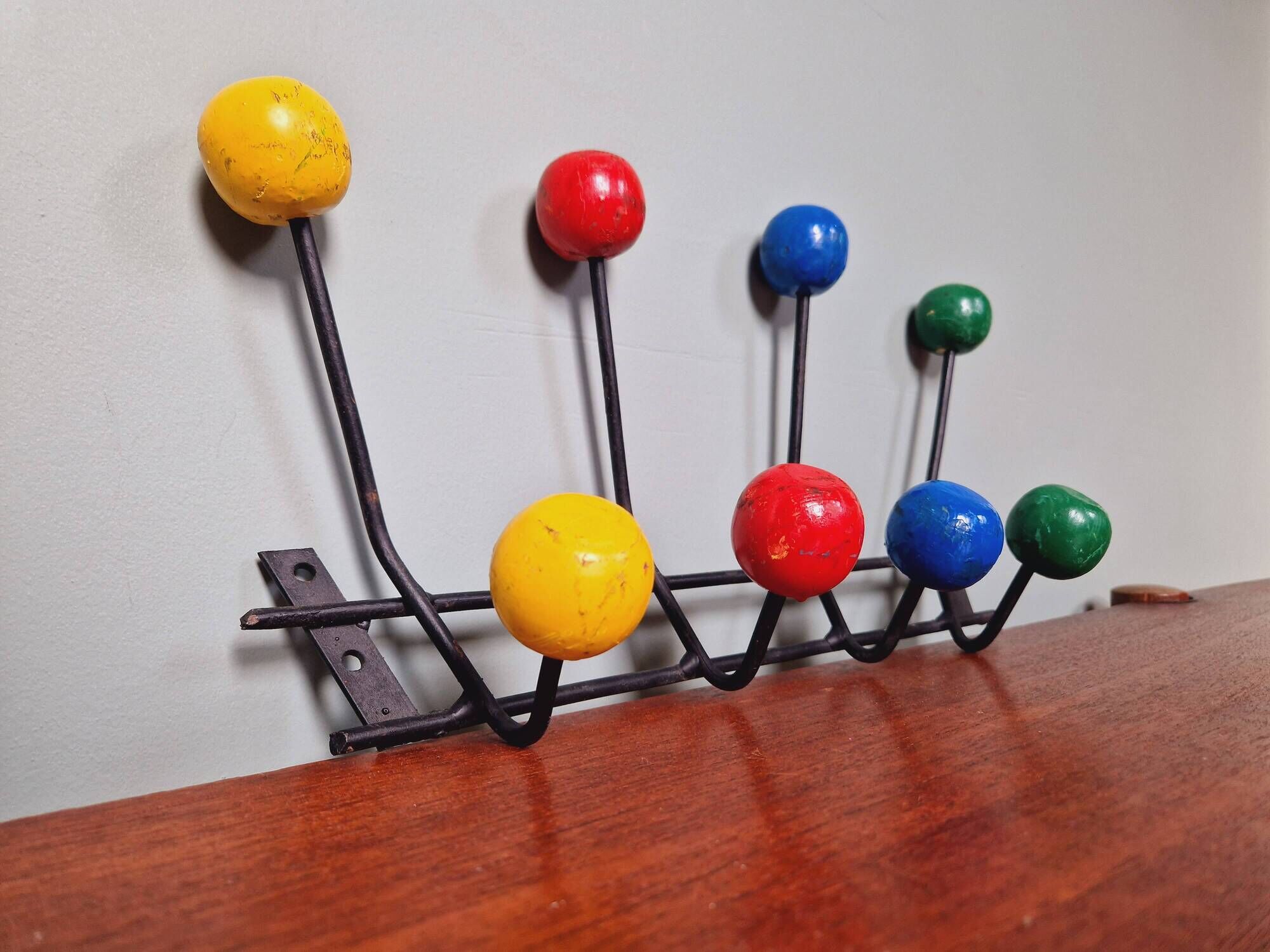 Vintage wall coat rack with 8 hooks in metal and wood (4 available), 1960s