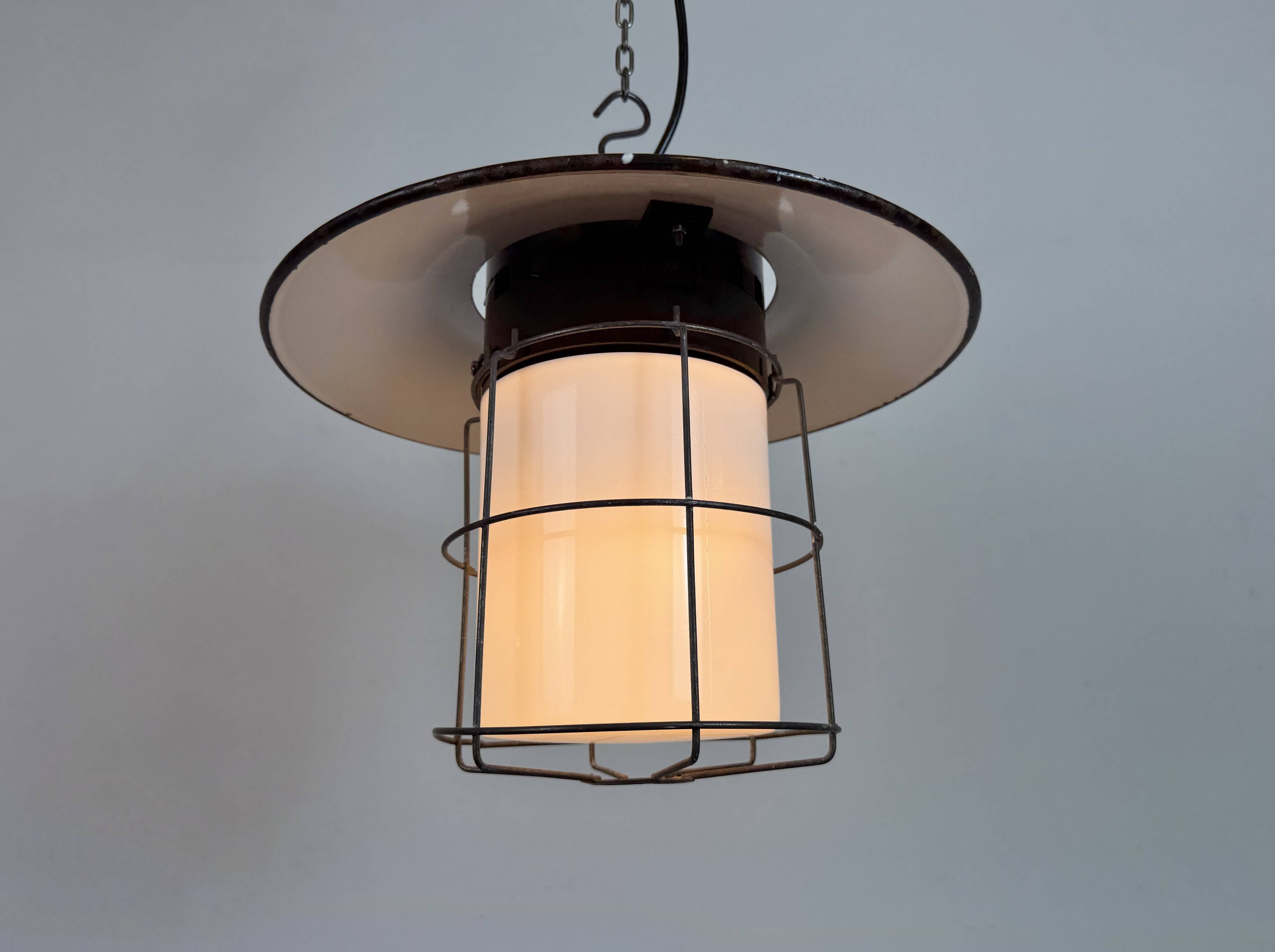 Industrial Grey Enamel Cage Pendant Lamp, 1960s
