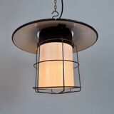Industrial Grey Enamel Cage Pendant Lamp, 1960s