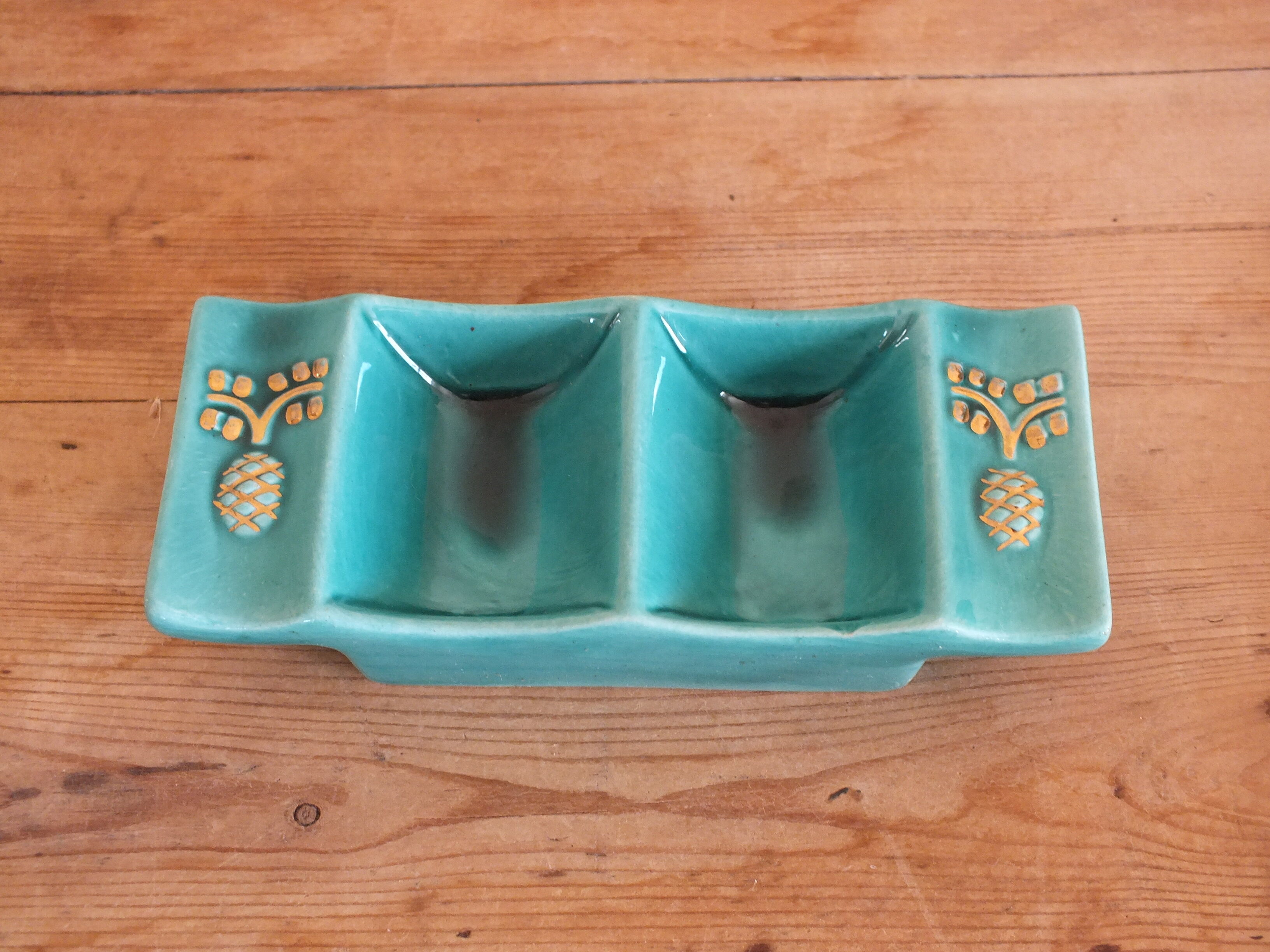 Vintage green ceramic trifle and salt shaker set 50s