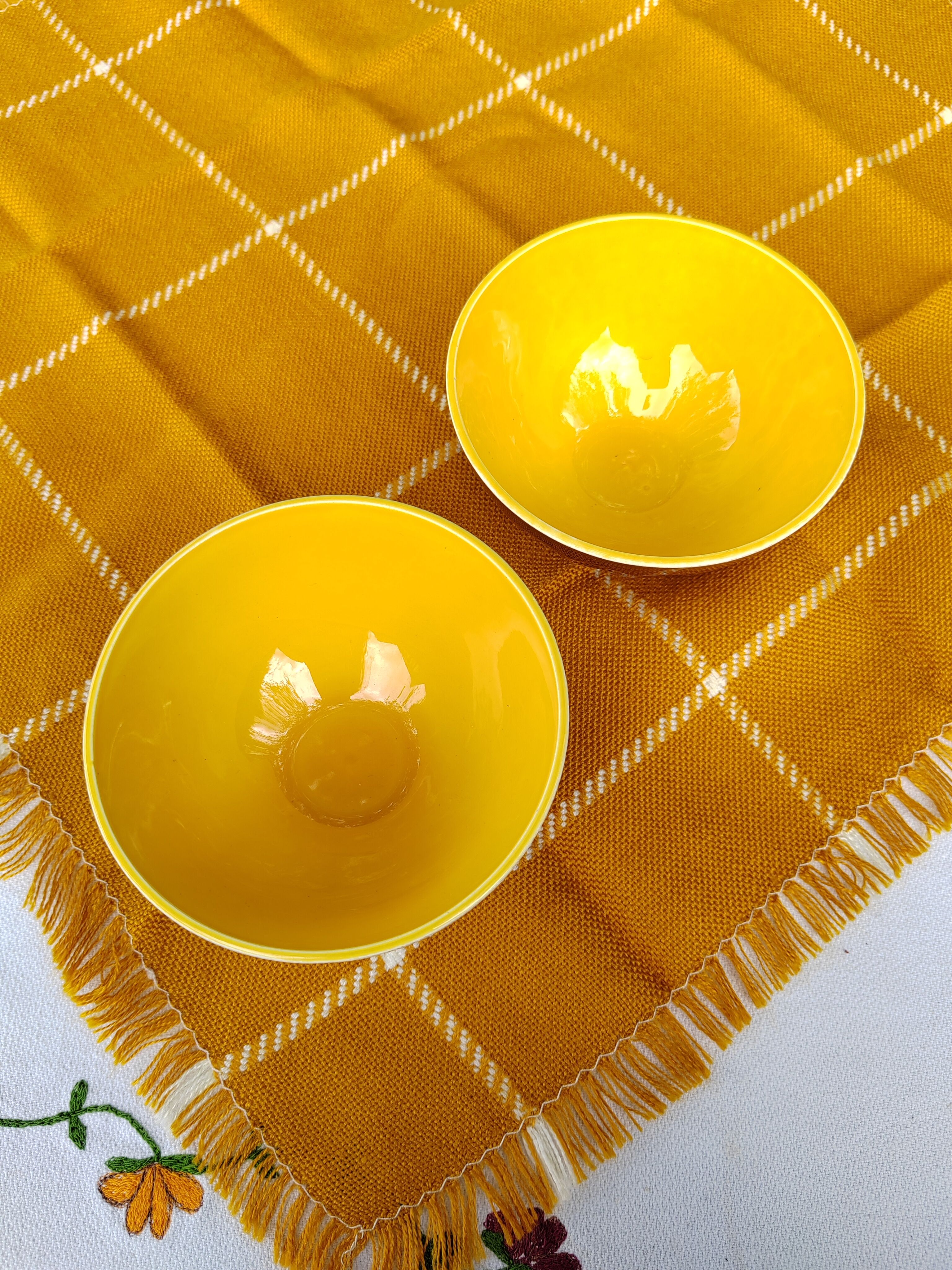 Pair of brown/yellow ribbed bowls - Digoin & Sarreguemines