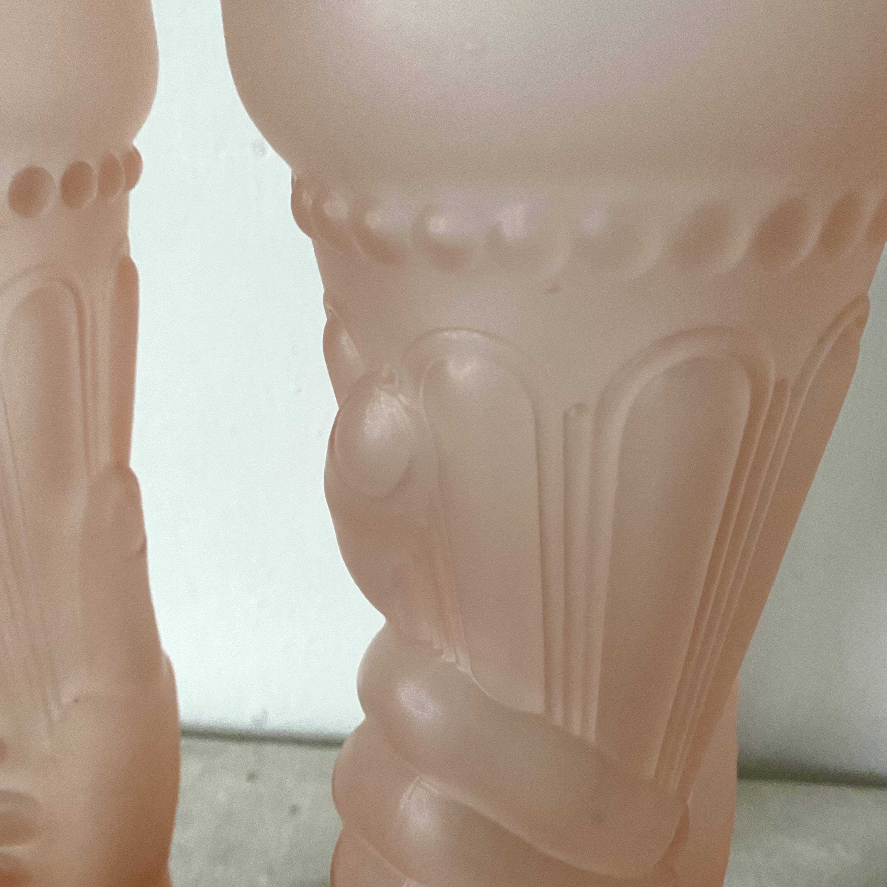 Pair of pink frosted glass torch vases, handmade, art deco