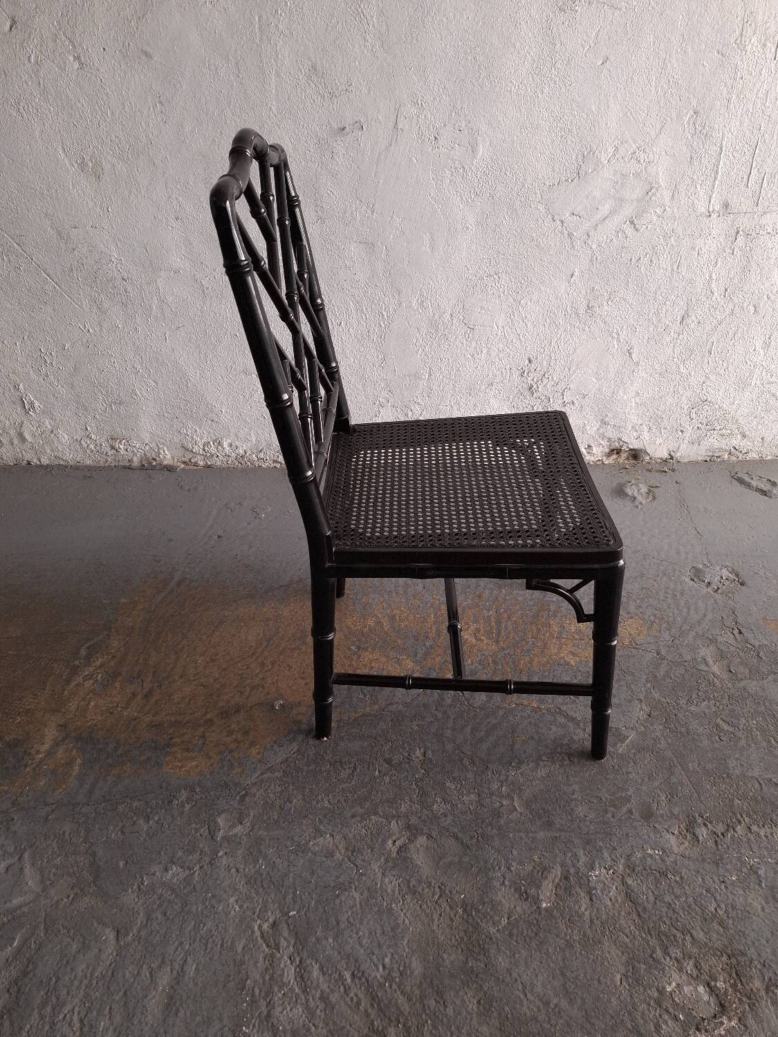 Black lacquered chair, faux bamboo, Chippendale, Jonathan Adler