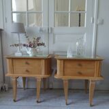 Pair of vintage bedside tables in raw wood, mirrored tops.