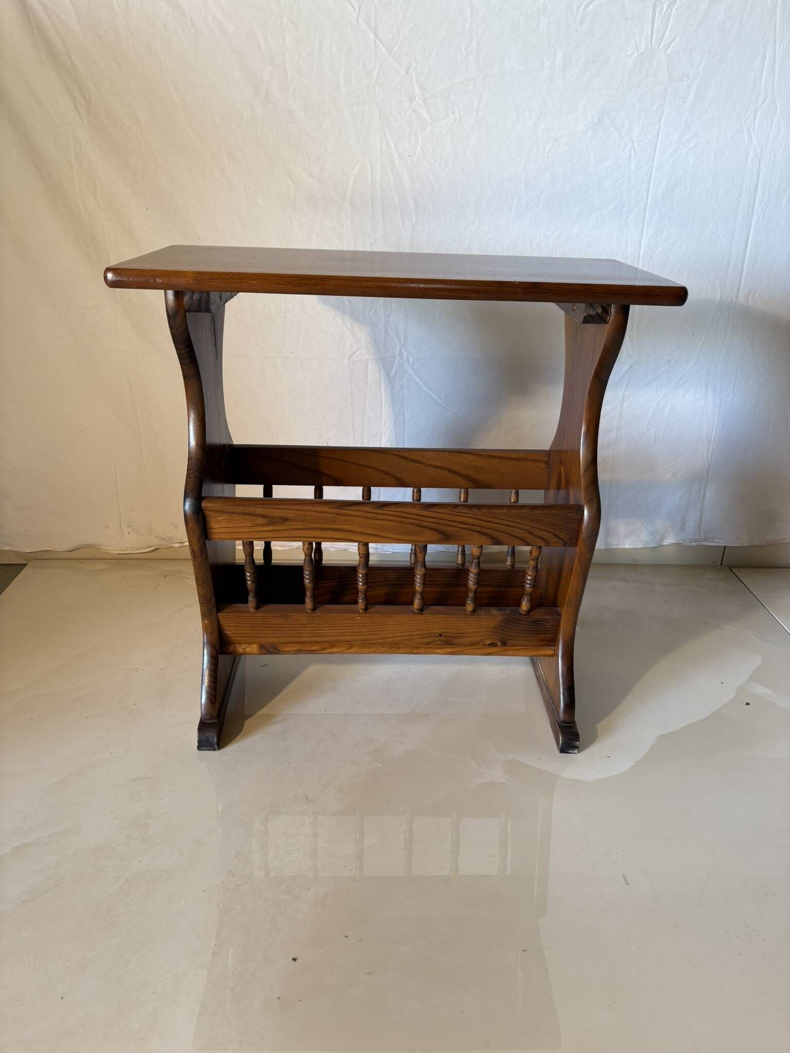 Side table, vintage turned wood magazine rack
