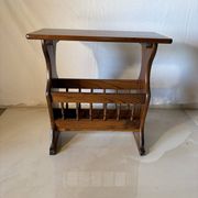 Side table, vintage turned wood magazine rack