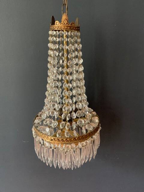 Antique hot air balloon chandelier in brass and crystal, 3 lights, 1920s