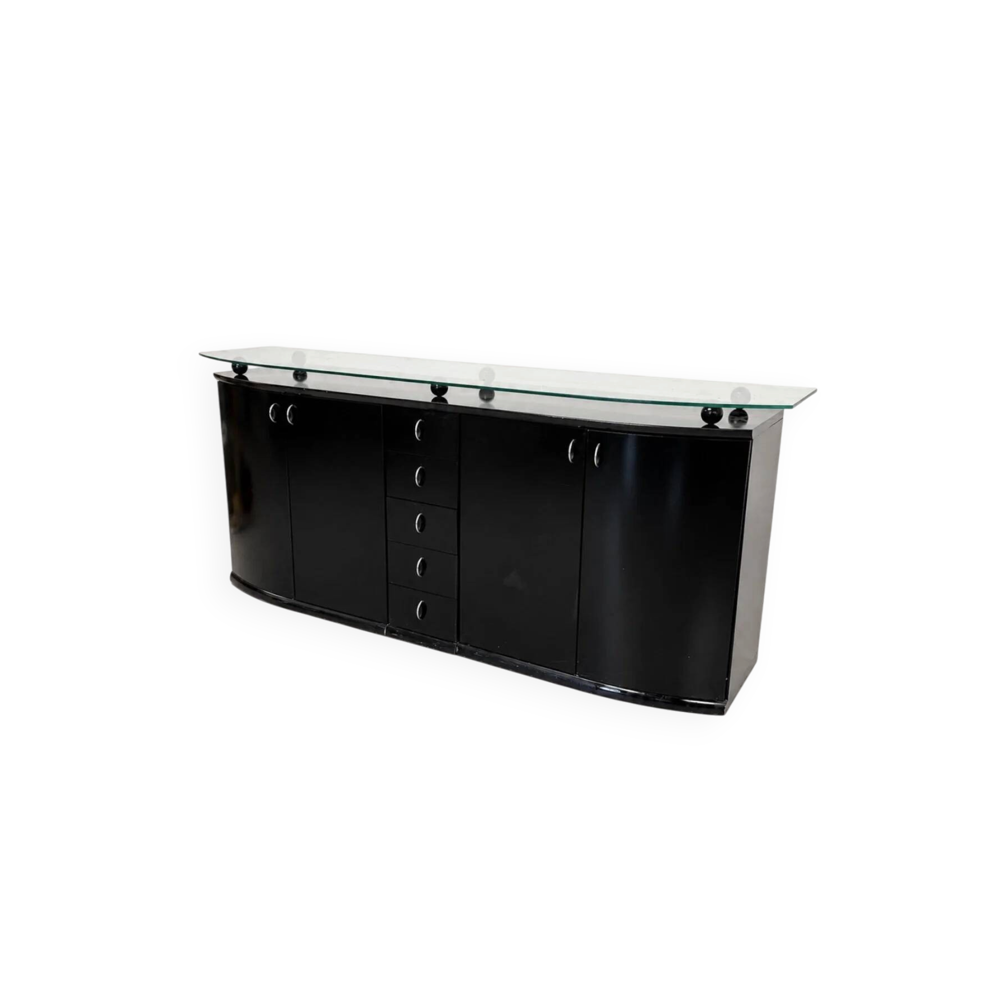 Buffet postmoderne en laque noire avec plateau en verre sur pieds boule