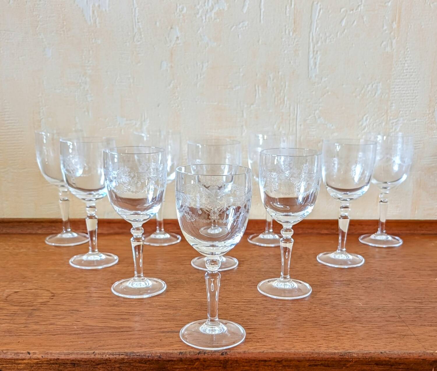 Antique engraved crystal glasses Dampierre model