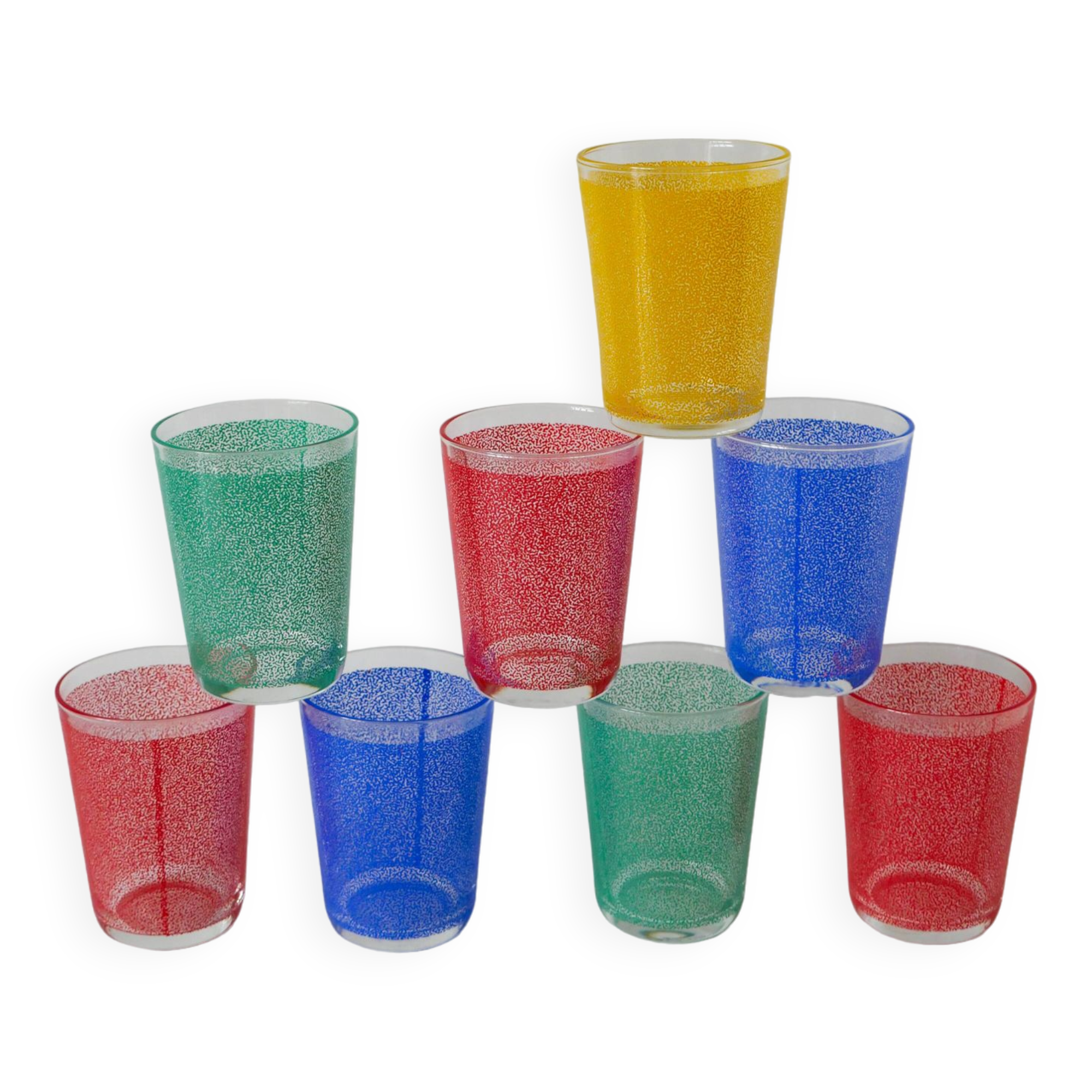 Set of 8 water glasses, red, green, yellow and blue, 1970