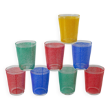 Ensemble de 8 verres à eau, rouge, vert, jaune et bleu, 1970