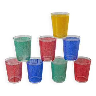 Ensemble de 8 verres à eau, rouge, vert, jaune et bleu, 1970