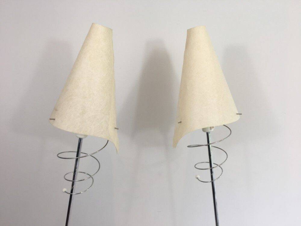 Pair of designer parquet floor lamps composed of lacquered metal and chrome bases and designer white plastic lampshades