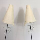 Pair of designer parquet floor lamps composed of lacquered metal and chrome bases and designer white plastic lampshades