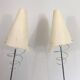 Pair of designer parquet floor lamps composed of lacquered metal and chrome bases and designer white plastic lampshades