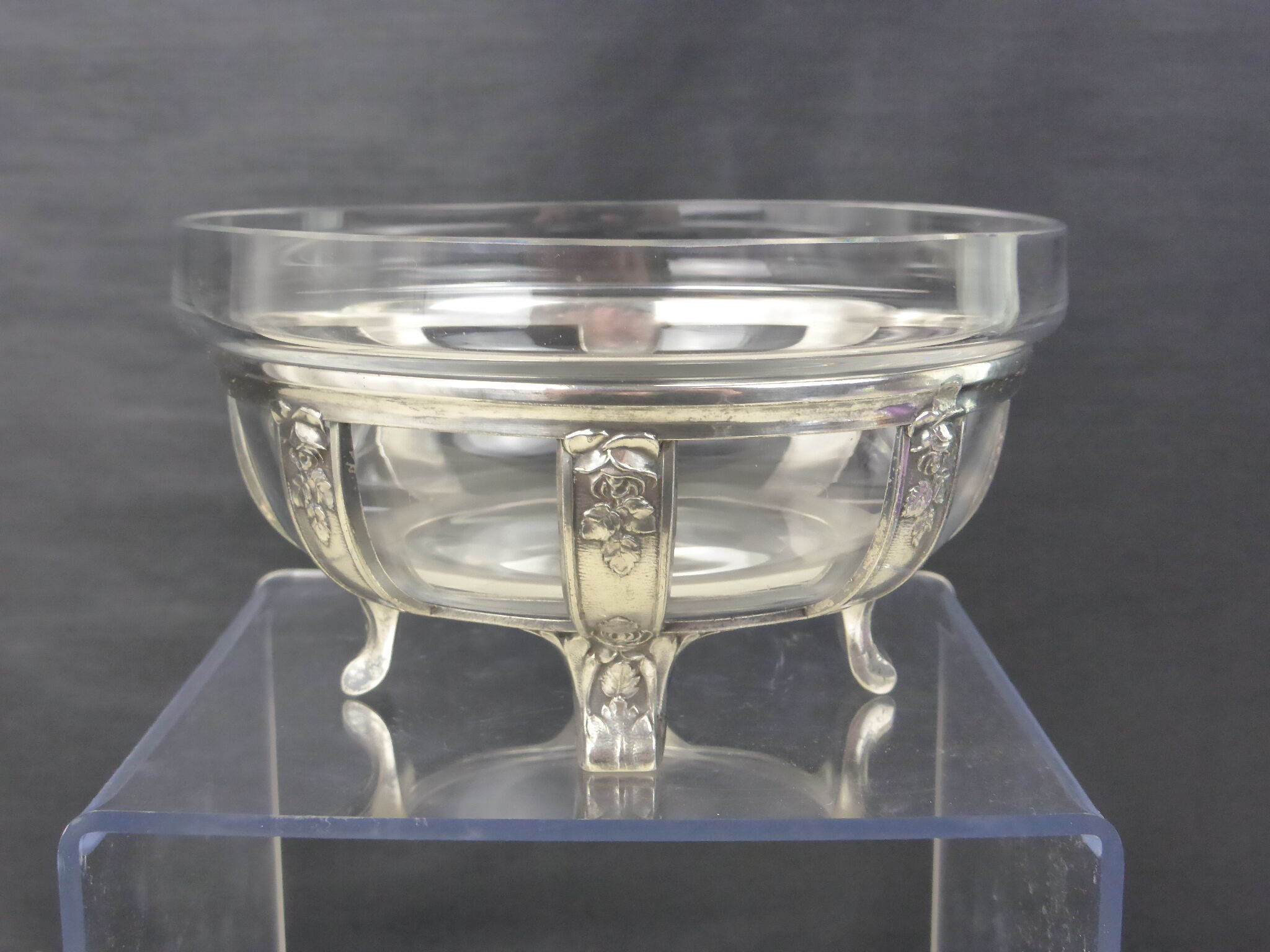 Antique glass cut with silver metal frame decorated with roses-Art Deco
