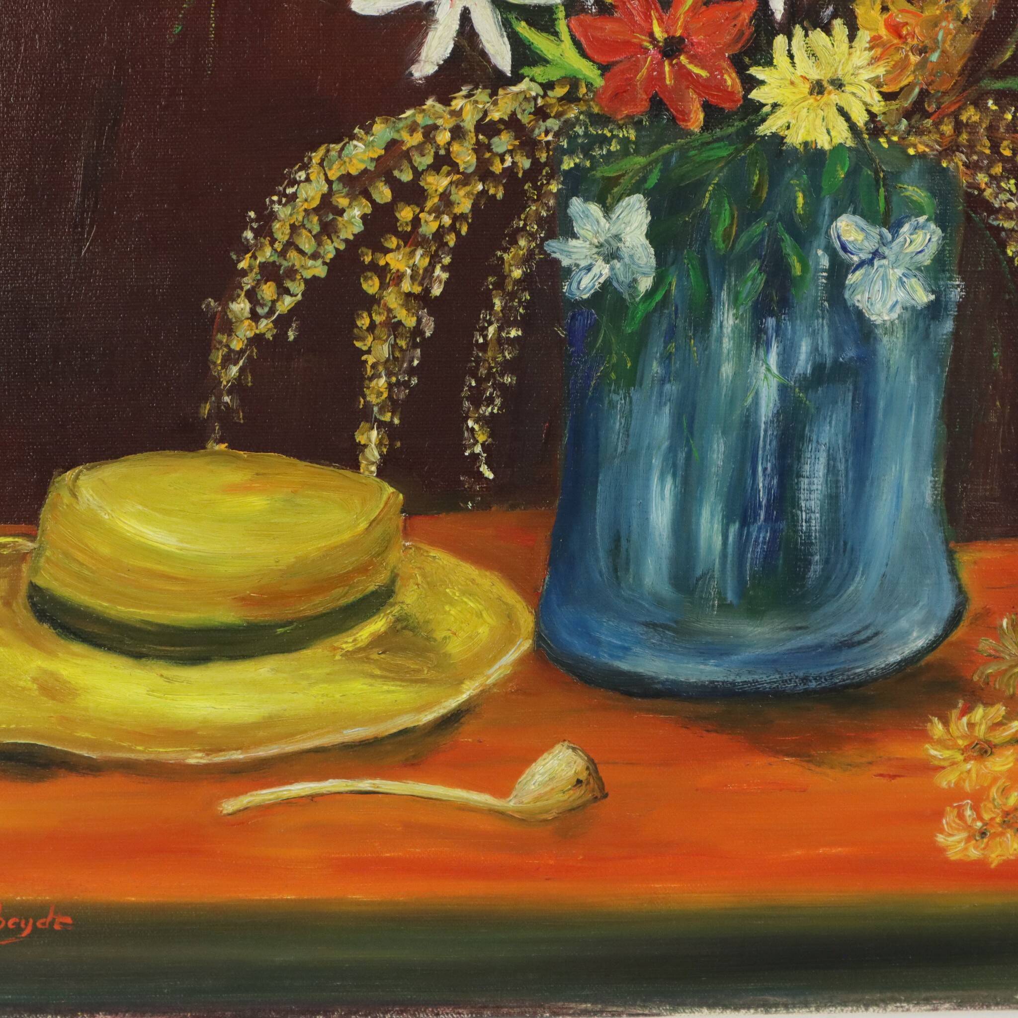Flowers with Hat Still Life Painting Signed 60x50cm