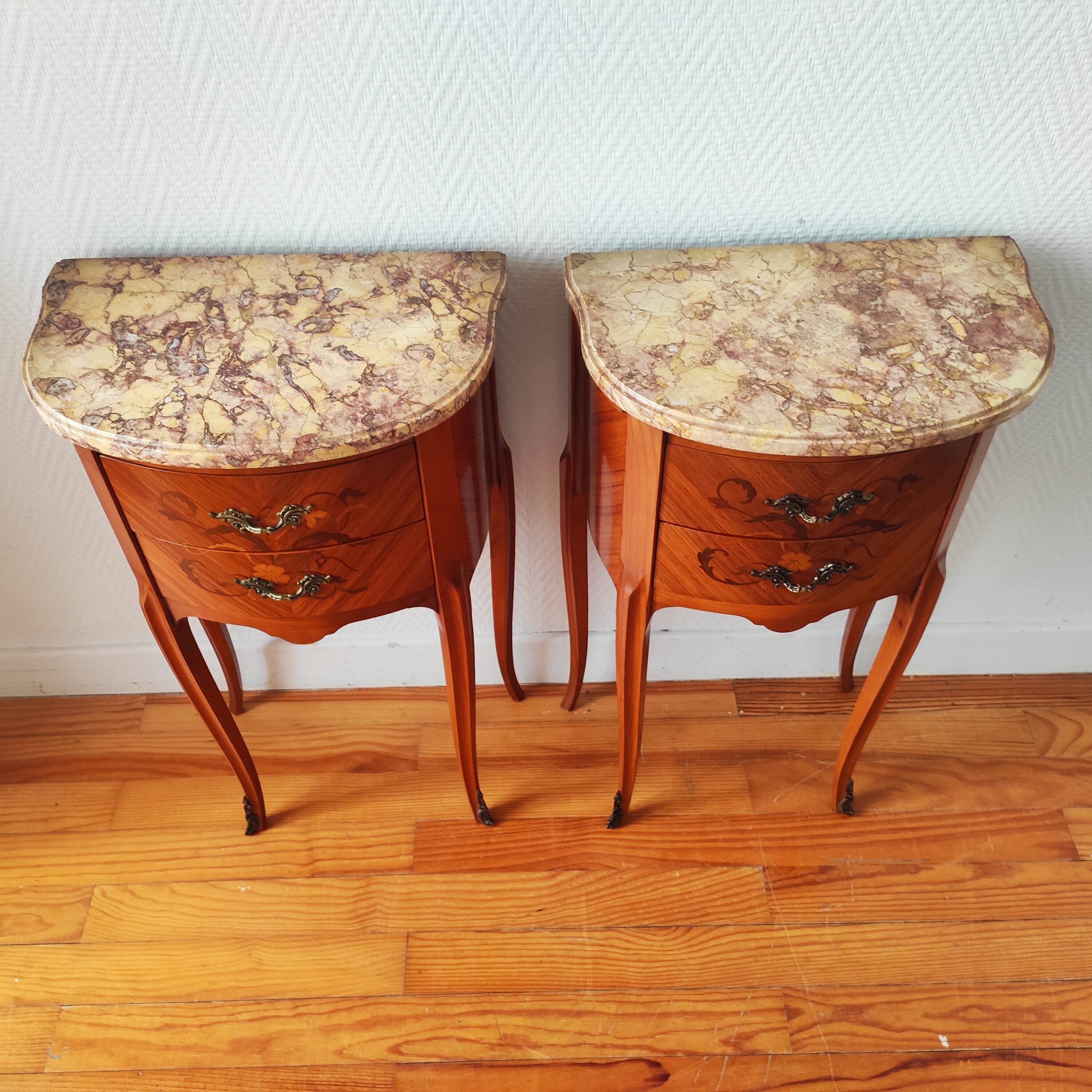 Pair of Louis XV style bedside tables in wood and marble