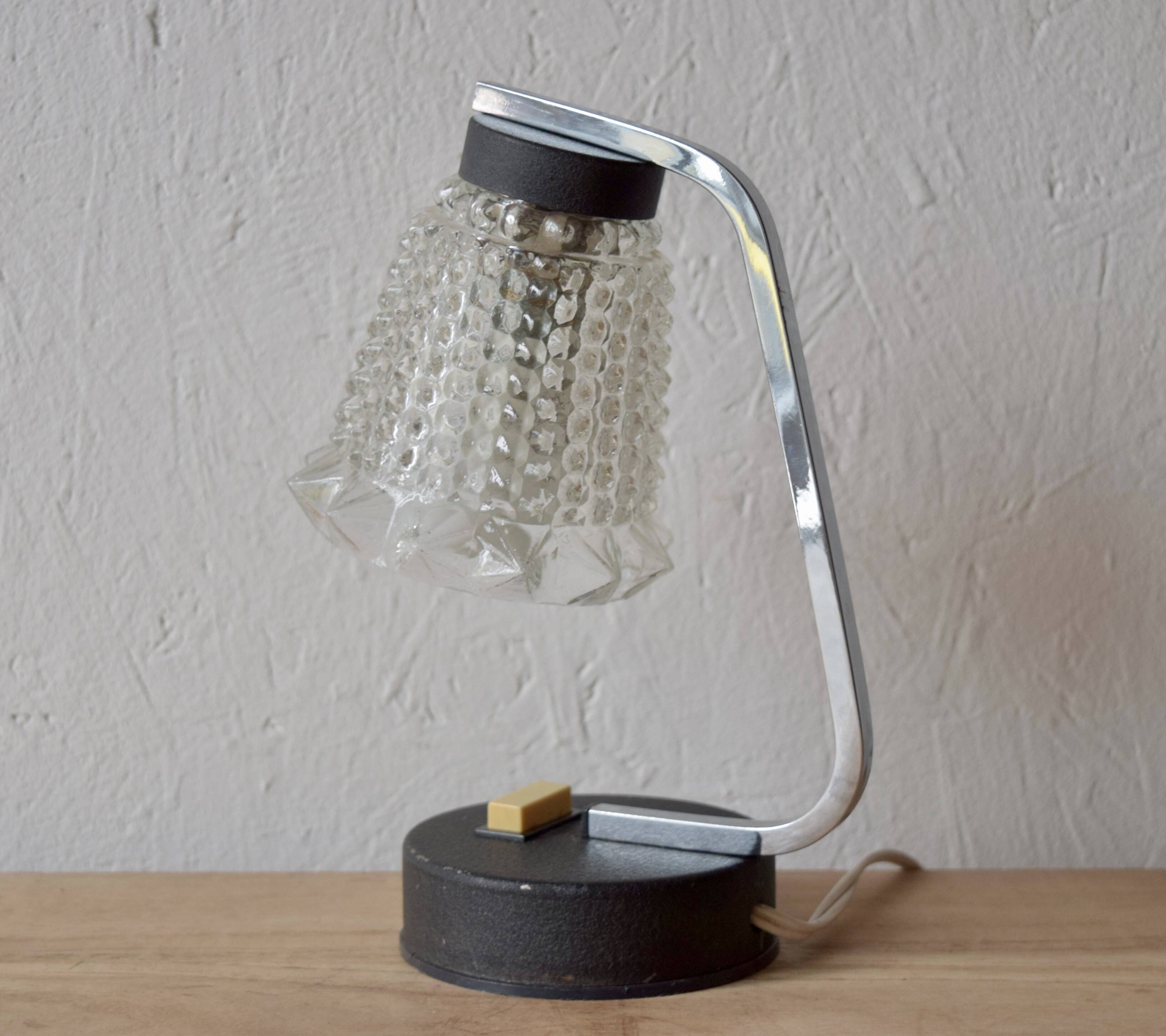 Small vintage bedside lamp in molded glass, chrome metal and steel - 1950s