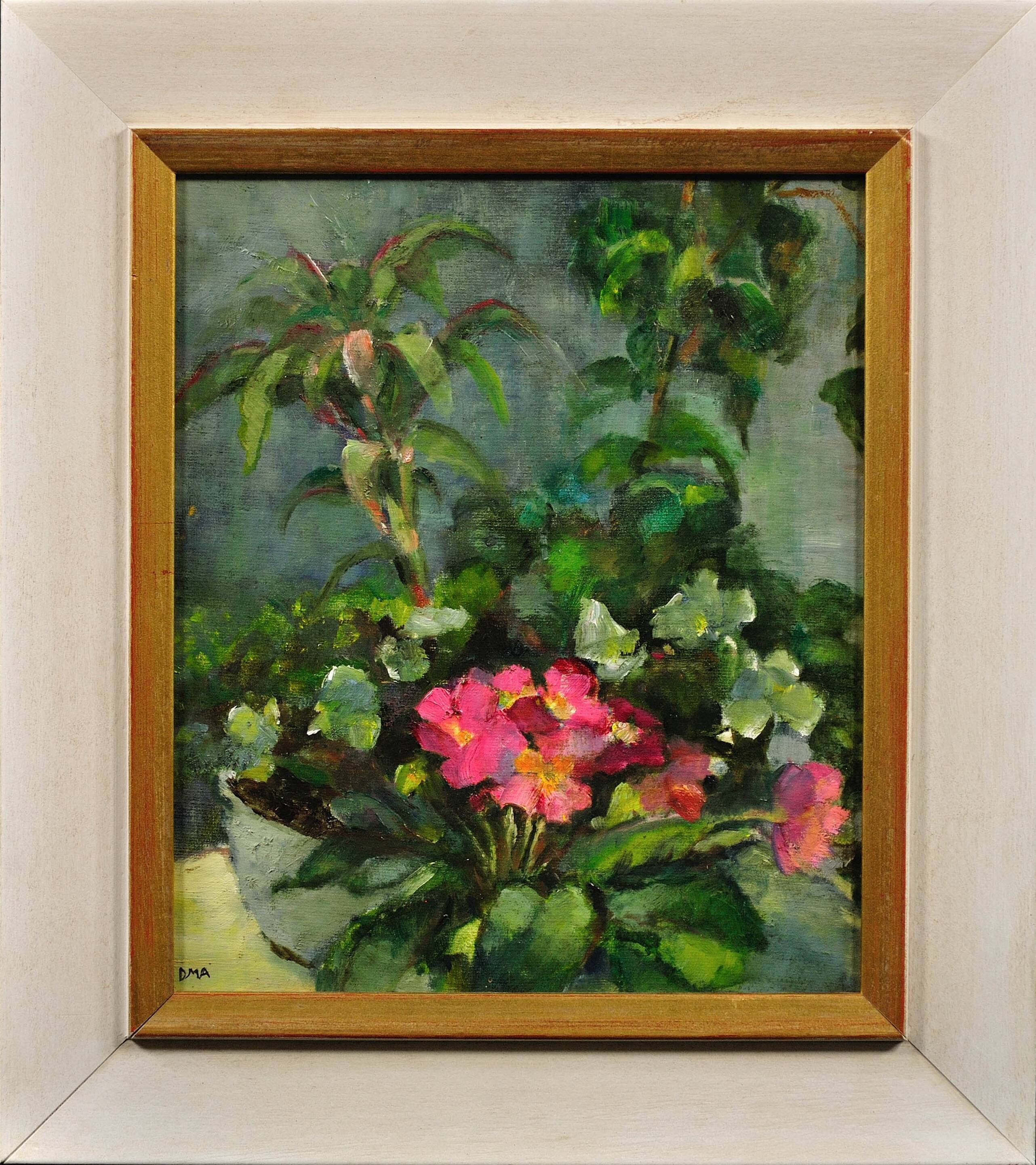 Diana maxwell's painting armfield b.1920. english. pink primulas & pot plants.