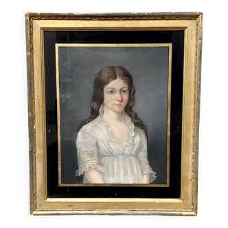 Old pastel portrait on canvas of a young noblewoman, signed and dated 1899 on the back, in a gilded frame.