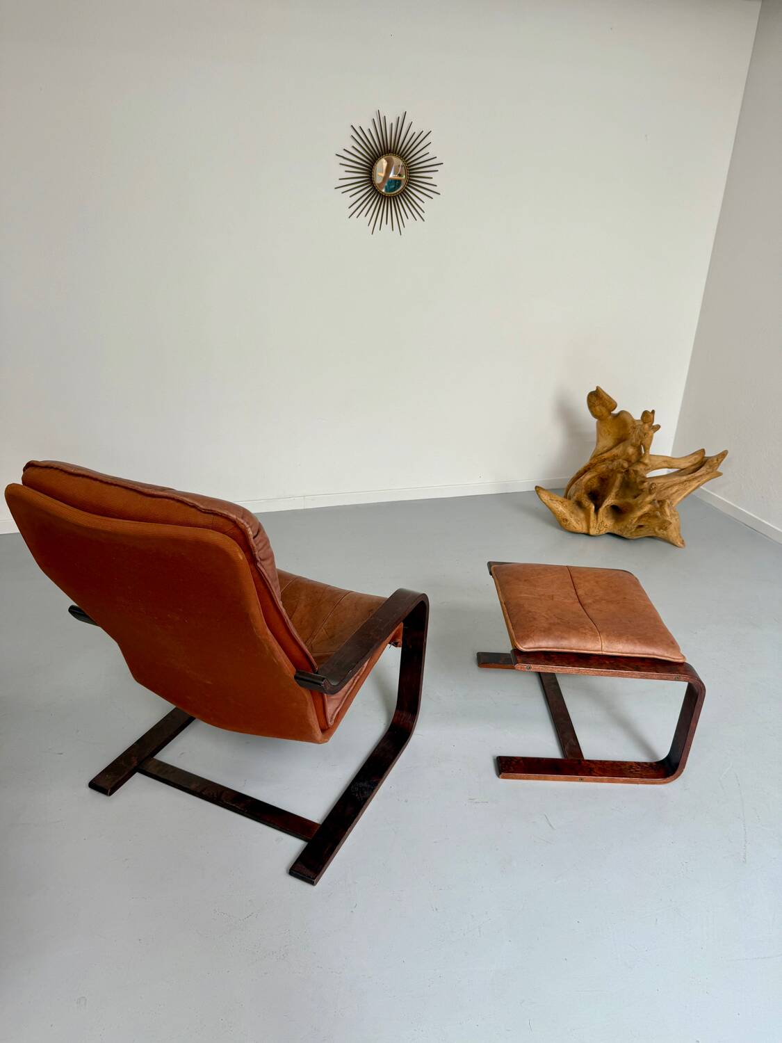 Yngve Ekström 70 Scandinavian design armchair with leather and wood ottoman