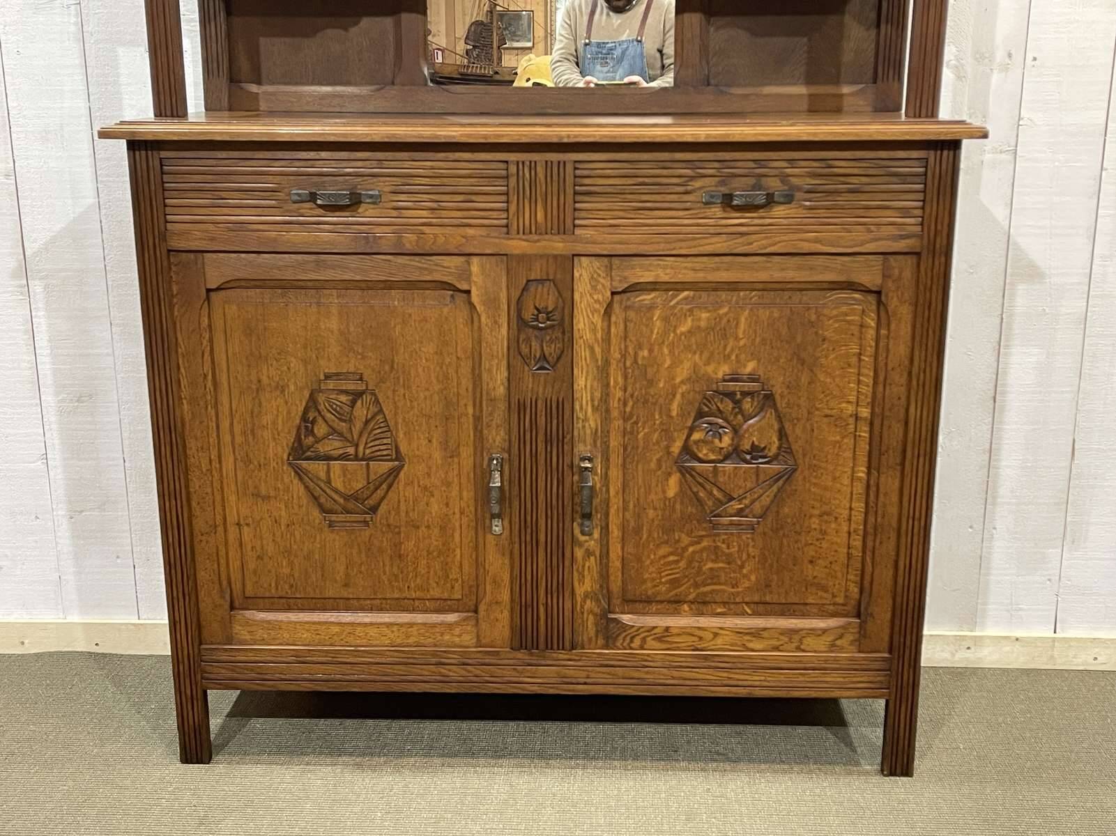 Two-piece Art Deco oak kitchen buffet from the 1930s