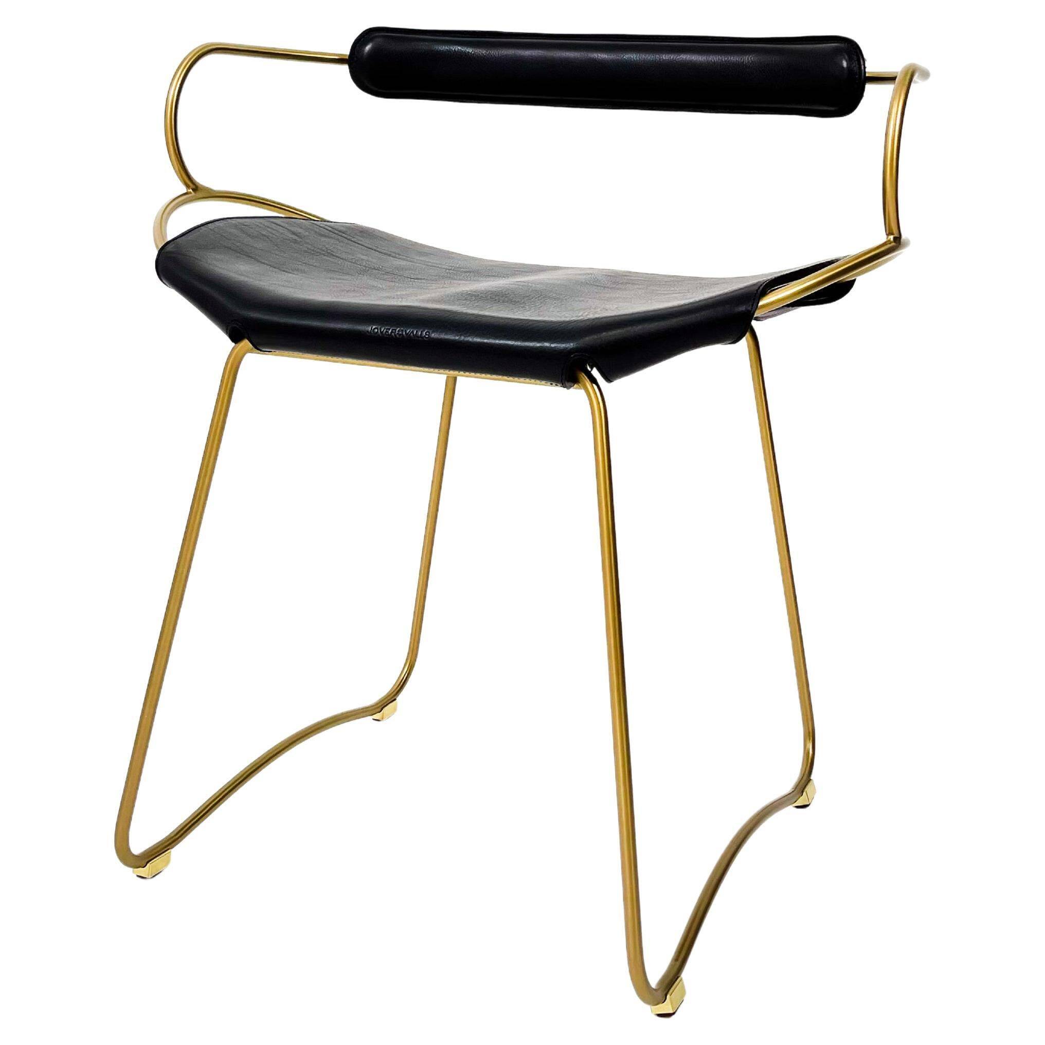 Contemporary Bar Stool with Backrest in Aged Brass Metal and Organic Black Leather