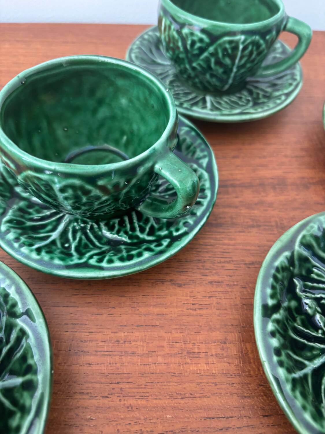 Lot de 6 tasses à café vintage en barbotine chou vert – faïence vintag