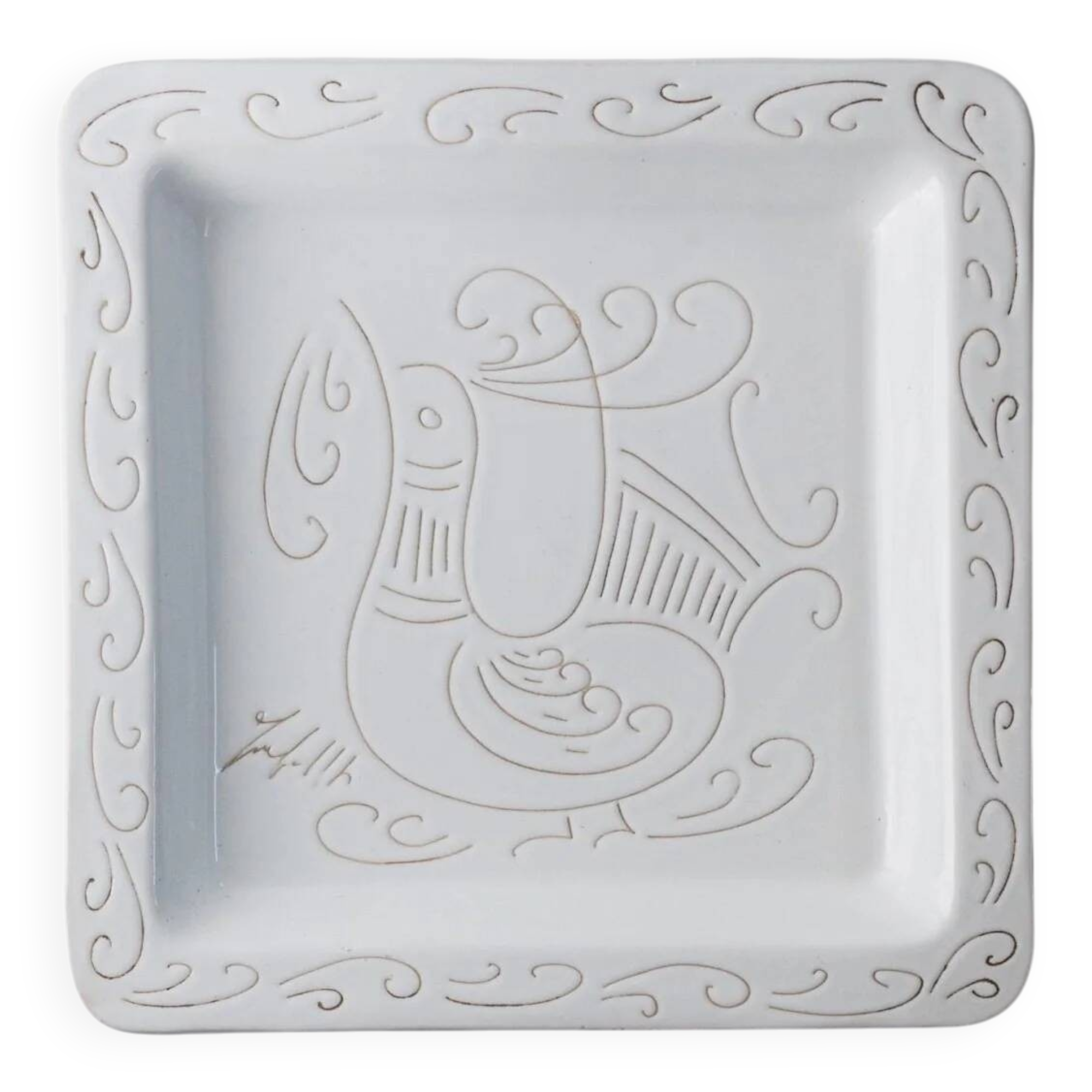 White Ceramic Plate with Etched Rooster Relief – Vintage Mid-Century Square Plate, Jacques Innocenti Style