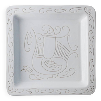 White Ceramic Plate with Etched Rooster Relief – Vintage Mid-Century Square Plate, Jacques Innocenti Style