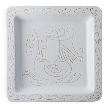 White Ceramic Plate with Etched Rooster Relief – Vintage Mid-Century Square Plate, Jacques Innocenti Style