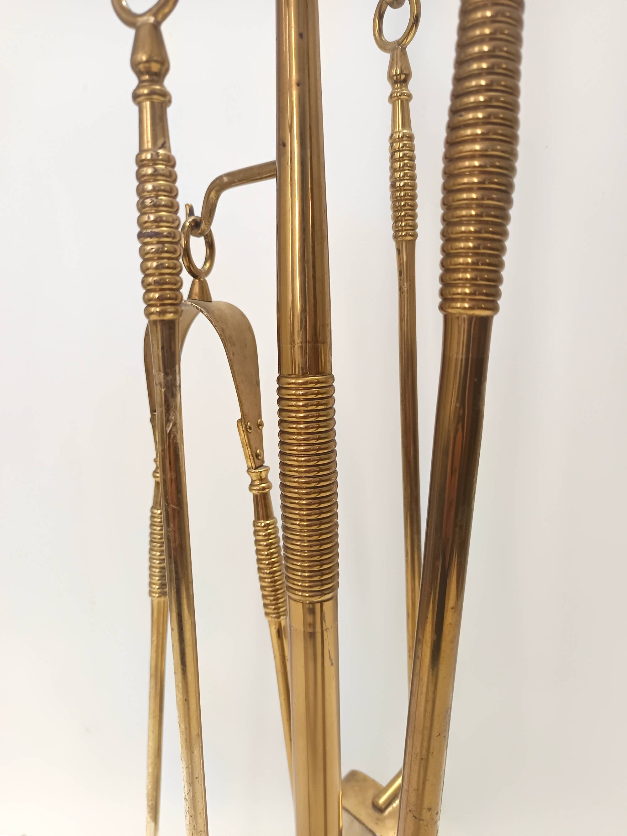 Brass, Iron and Thick Glass Fireplace Tools Set attr. to Fontana Arte