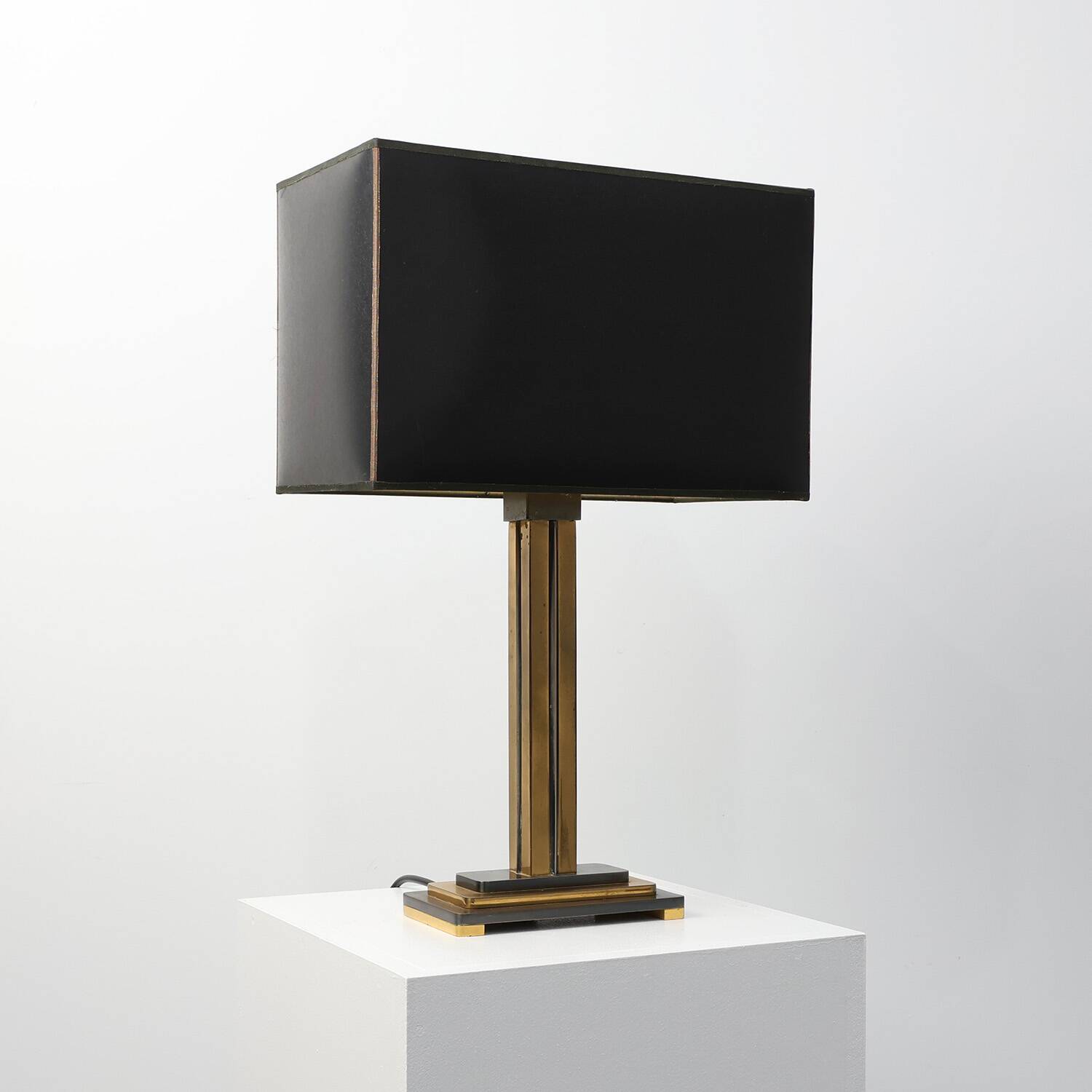 Brass table lamp with black rectangular shade by Deknudt, Belgium, 1970s