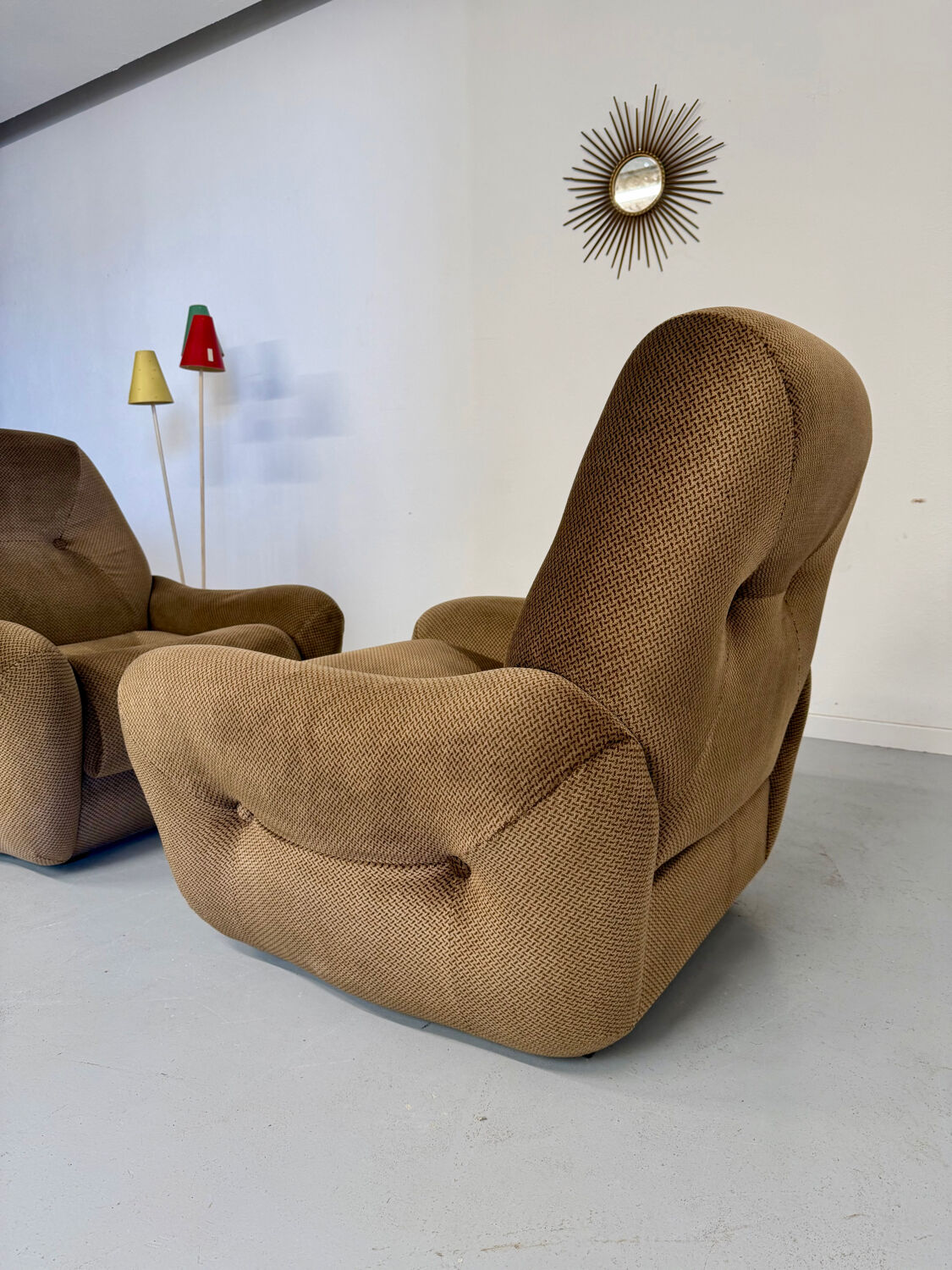 Lot of 2 cosy fabric armchairs, French design, vintage 1970s.