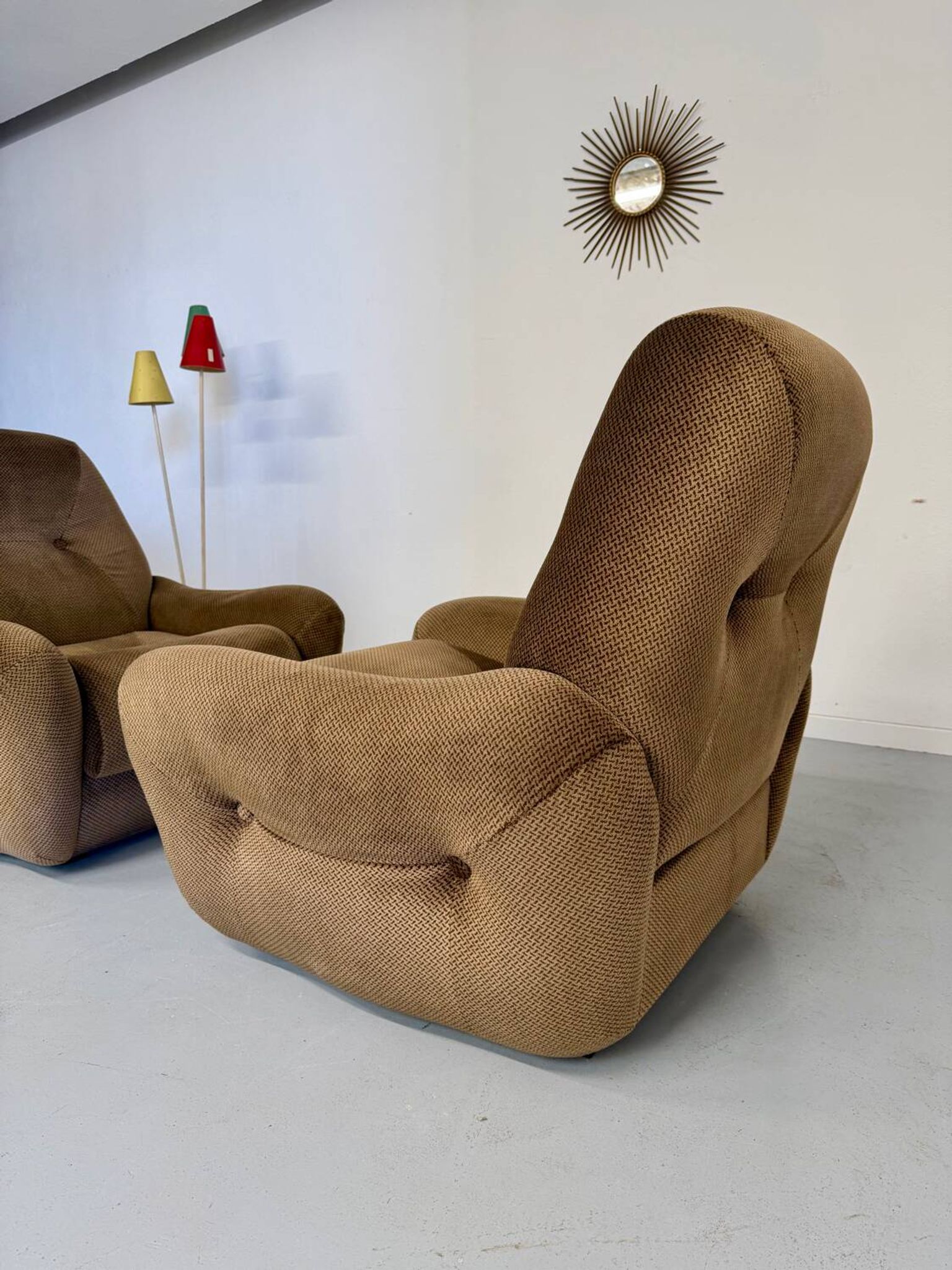 Lot of 2 cosy fabric armchairs, French design, vintage 1970s.