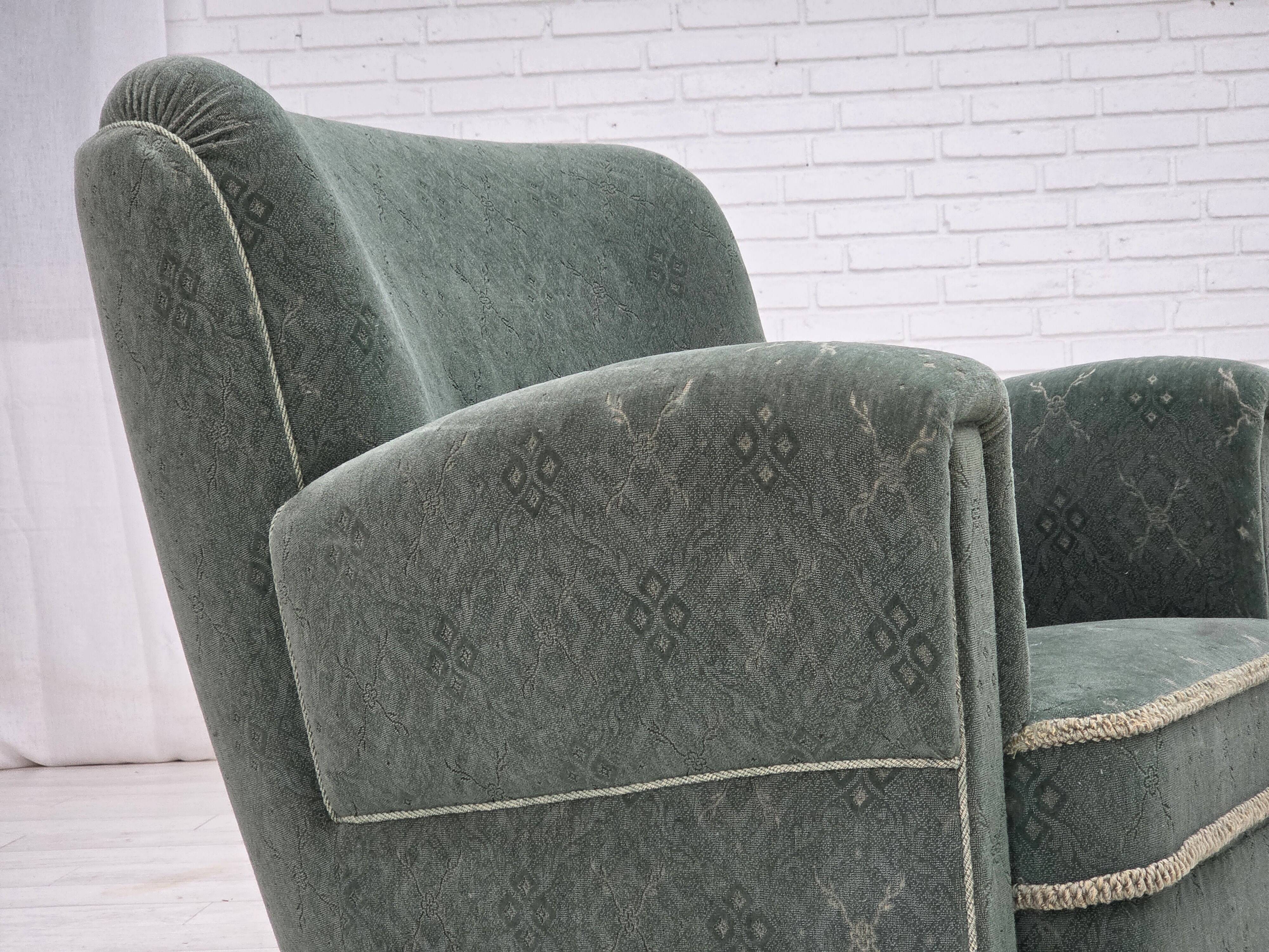 1960s, Danish armchair, light green furniture wool, oak wood legs.