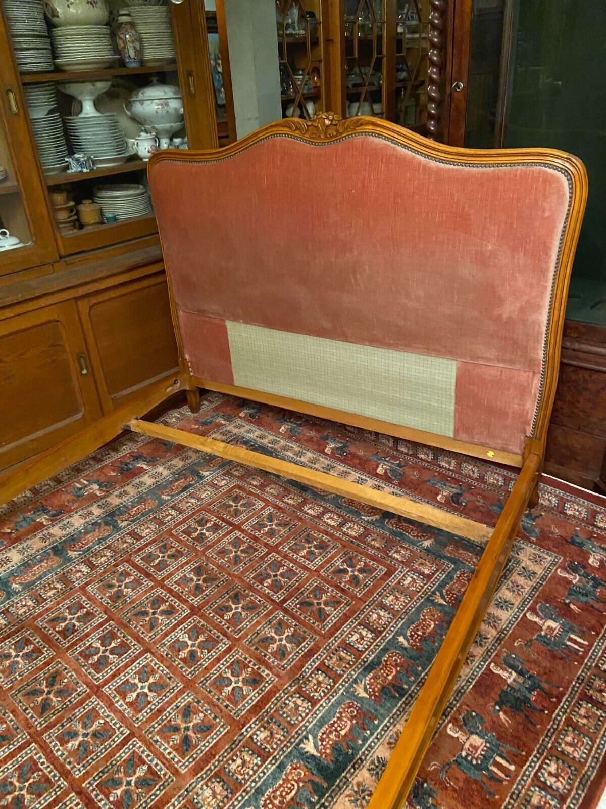 Bed in cherry wood blond carved velvet pink style Louis XV for sleeping 190x140
