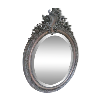 Miroir oval medaille epoque napoleon iii, style louis xv, glace biseautee